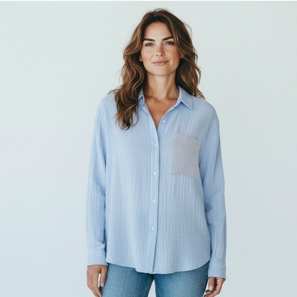 Lou & Grey Women Light Blue Double Gauze Cotton Button Down Shirt Large